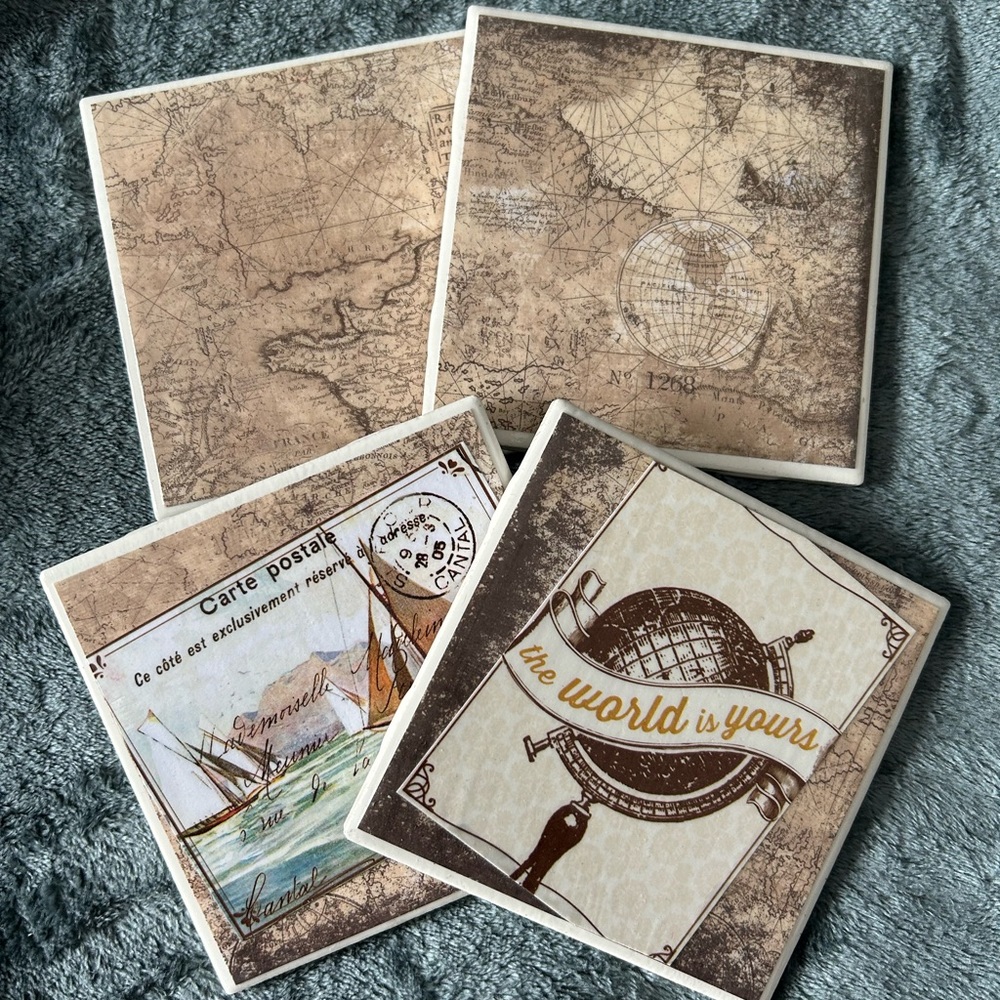 Handmade Ceramic Coaster Set Paris World Map Cream Square Set of Four